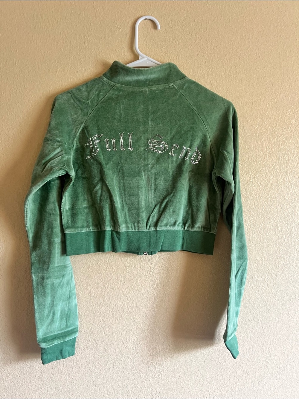 Full Send Green Velour Zip Front Crop Jacket